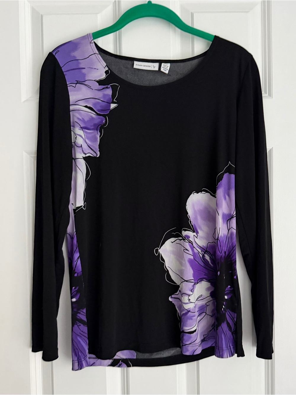 Susan Graver Black Long-Sleeve Floral Top with Purple Flowers Slinky Knit Sz XXS